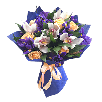 Букет из ирисов, роз и орхидей
