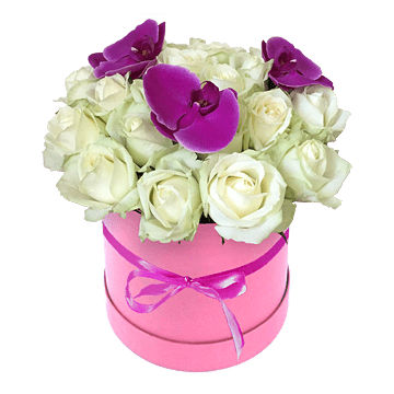 Roses et orchidees en boîte