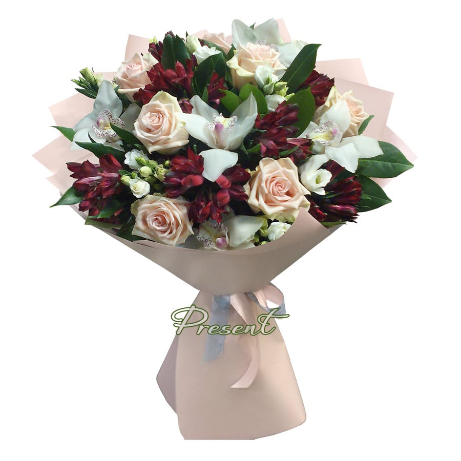 Bouquet of roses, orchids, alstroemeries and lisianthus