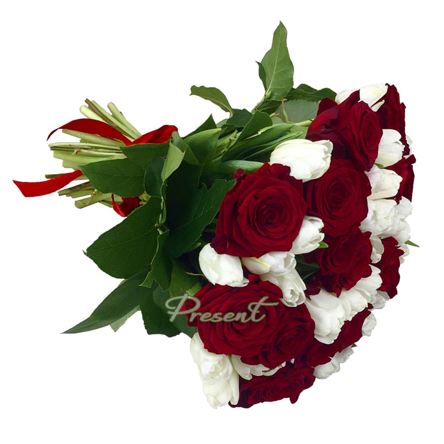 Bouquet of red roses and white tulips